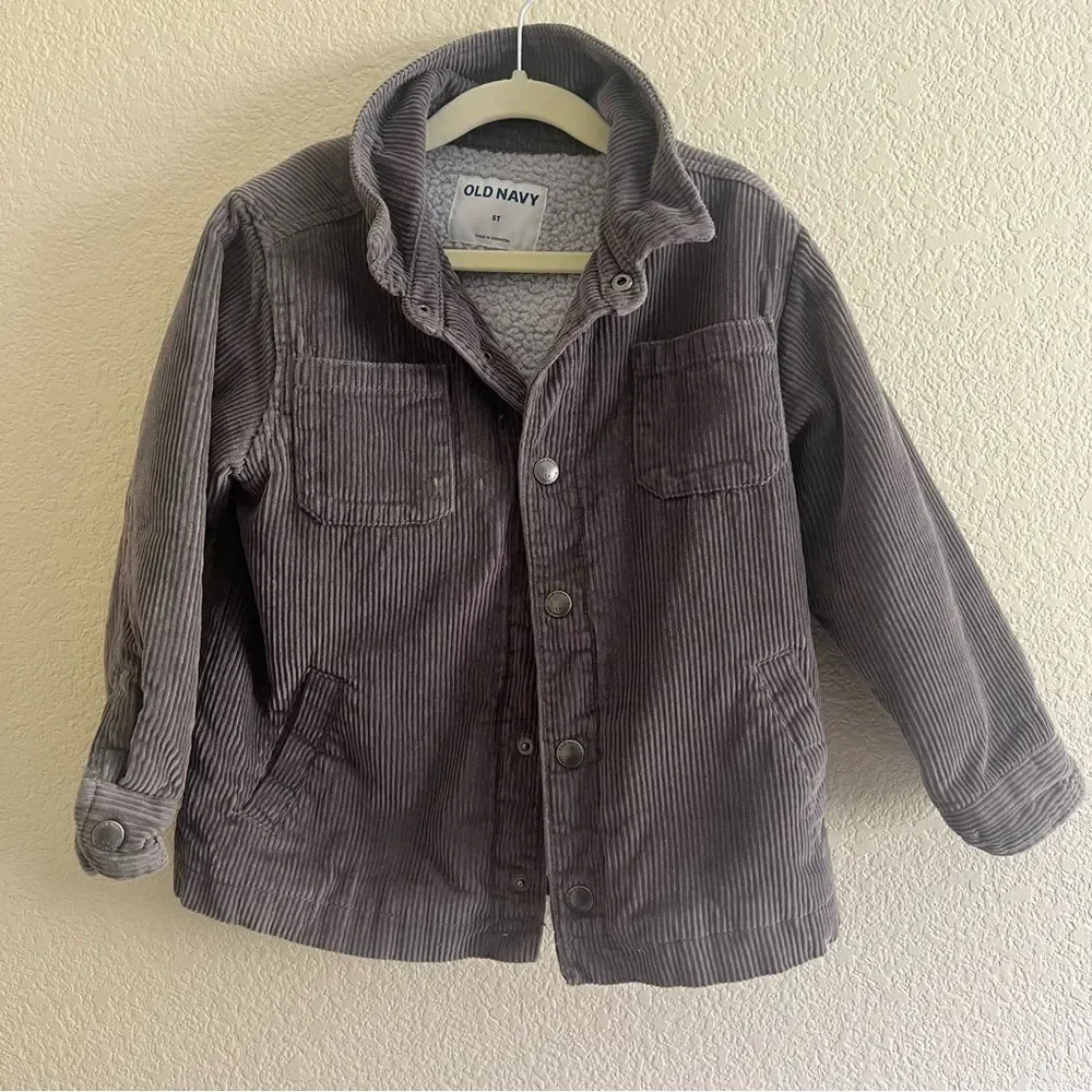 Old Navy Kids Cotton Corduroy Jacket 5T Gray Fleece Lined EUC